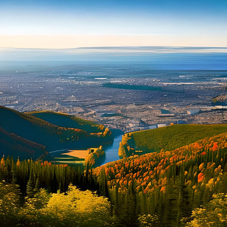 Aerial view on lake and mountains in autumn. Beautiful nature landscape.の素材