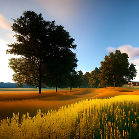 Rural landscape with meadow and trees at sunset. Nature composition.の素材