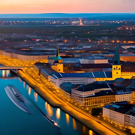 Aerial view of the city of Riga at sunset, Latviaの素材