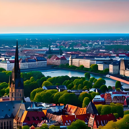 Panoramic aerial view of Frankfurt am Main at sunset, Germanyの素材