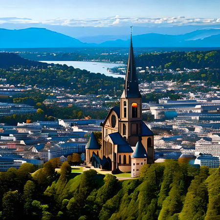 Aerial view of Frankfurt am Main with St. Mary's Church, Germanyの素材