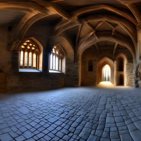 interior of a church with arched windows and cobblestone floorの素材