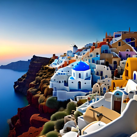 Santorini island in Greece. Colorful houses on the cliff.の素材