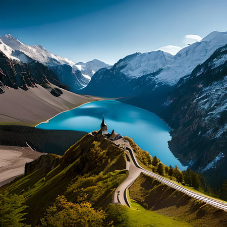 Beautiful mountain landscape with lake and the church of St. Peter in Switzerlandの素材