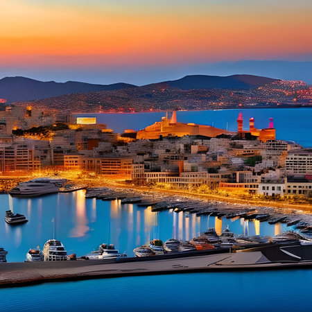 Panoramic view of the port of Rhodes at sunset, Greeceの素材