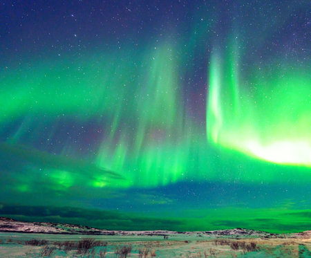Northern lights in the night sky. Aurora borealis, northern lightsの写真素材