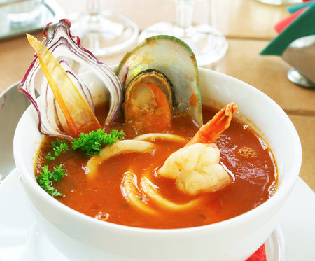Seafood soup with shrimp, mussels and prawnsの写真素材