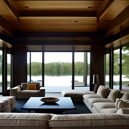 Luxury living room interior with a large window overlooking the lakeの素材