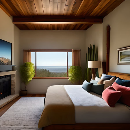 interior of a modern bedroom with a view of the sea. 3d renderingの素材