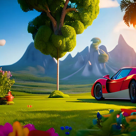 3d render of a red sports car on a green field with flowersの素材