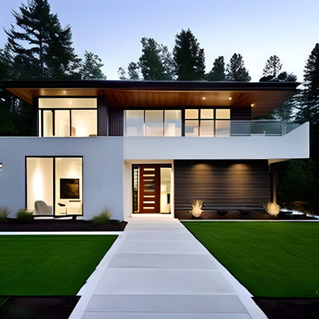 3d rendering of modern cozy house with garage and pool for sale or rentの素材