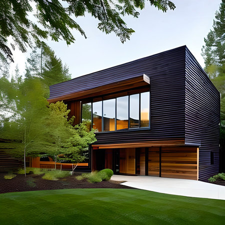 3d rendering of modern cozy house with pool and parking for sale or rent with wood plank facade.の素材