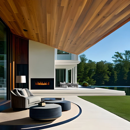 3d rendering of modern house with swimming pool and beautiful landscapingの素材