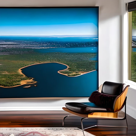 Interior of a modern living room with a view of the seaの素材