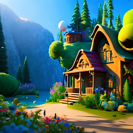 3D illustration of a fairy tale house in the forest. Fantasy world.の素材