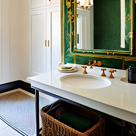 Luxury bathroom in classic style with white bathtub and green wallの素材