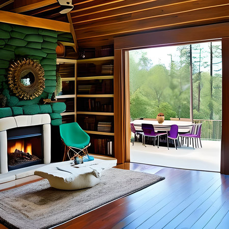 Interior of modern living room with fireplace and armchair. 3d renderの素材