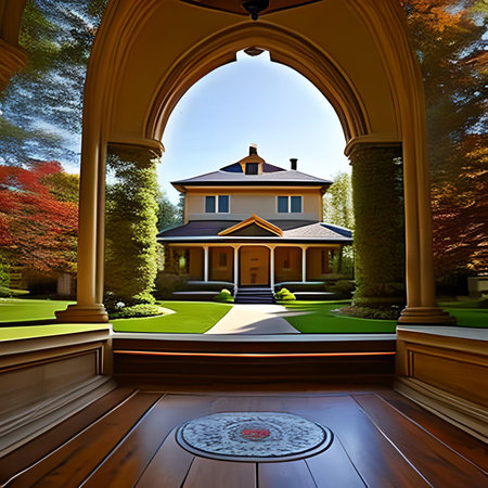 3D render of a beautiful house in a garden with an archの素材