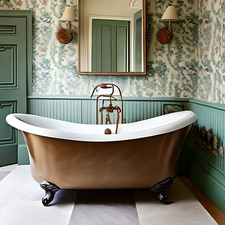 Bathroom interior in classic style with a bathtub and a mirrorの素材