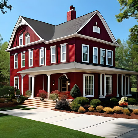 3D render of a classic american home with a red roofの素材