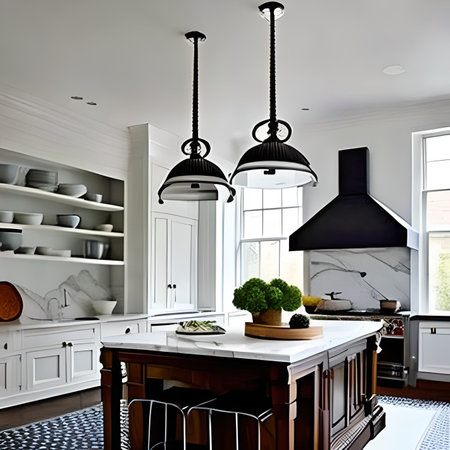 Kitchen in classic style with black and white furniture. 3d renderingの素材