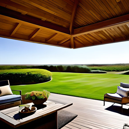 Luxury terrace with view on the sea and green grassの素材