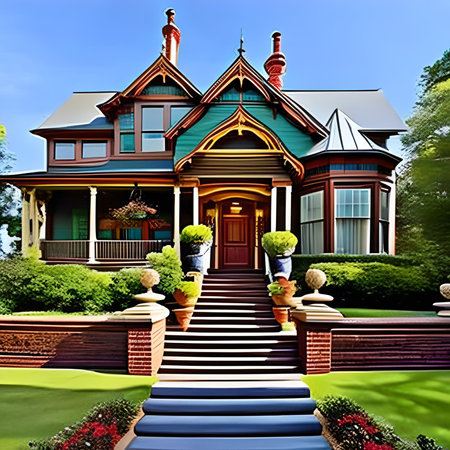 3D rendering of a beautiful house in the garden with stairs.の素材