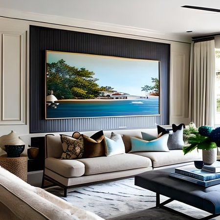 Living room with a beautiful view of the sea. 3d renderingの素材