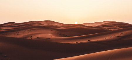 Sand dunes in the Sahara desert at sunset, Merzougaの写真素材