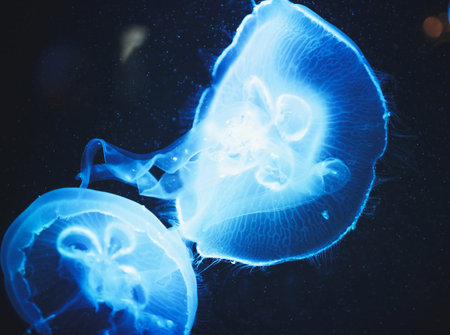 Jellyfish swimming in the water, close-up. Blue backgroundの写真素材