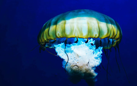 Beautiful jellyfish floating in the deep blue sea, underwater viewの写真素材