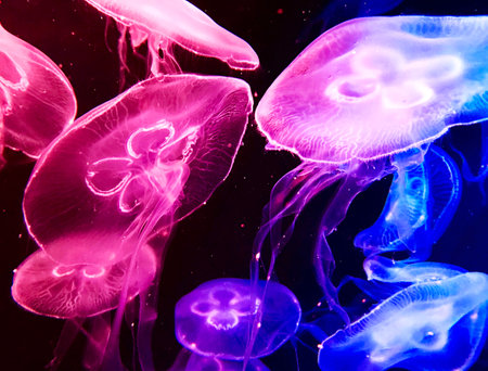 Jellyfish swimming in the water, illuminated by ultraviolet light.の写真素材