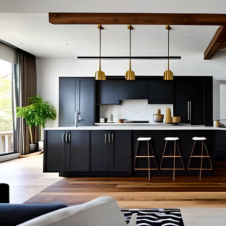 interior of modern house, kitchen and dining room. Nobody insideの素材