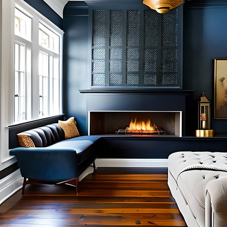 Luxury living room with fireplace and blue sofa. 3d renderの素材