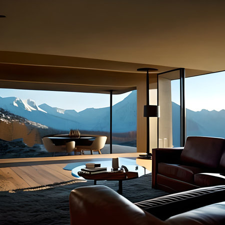 Interior of modern living room with panoramic view on mountainsの素材