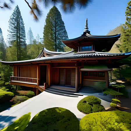 3D render of a Japanese garden with a chinese wooden houseの素材