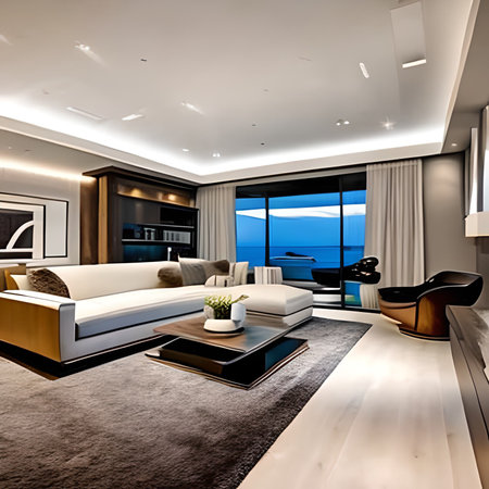 Luxury living room interior with a large window overlooking the seaの素材