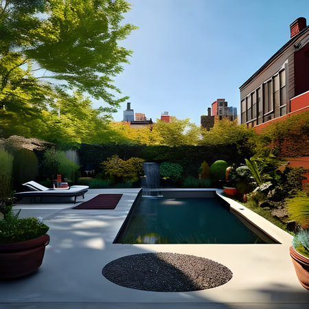 Outdoor garden with swimming pool and outdoor deck. 3d renderの素材