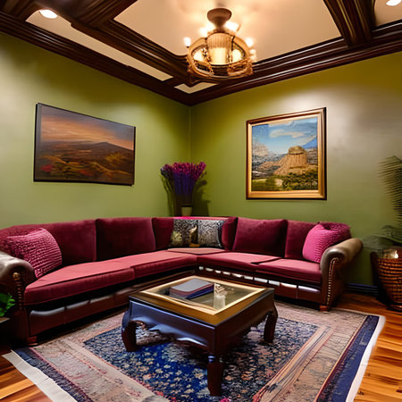 Luxury living room with red sofa and antique coffee table. Northwest, USAの素材
