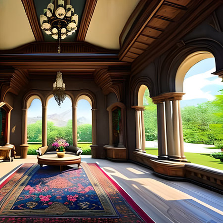3d render of a room with arches and a carpet in the foregroundの素材