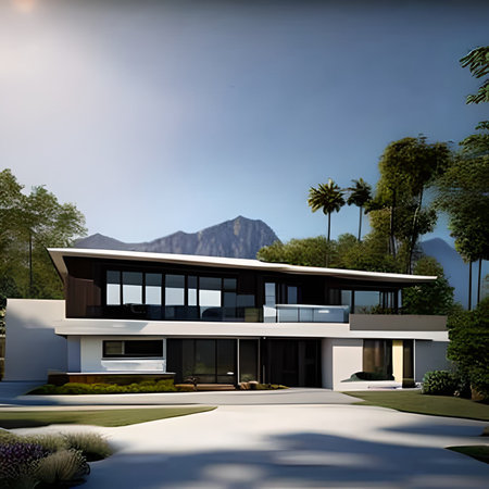 3d rendering of modern cozy house with garage and pool for sale or rent with beautiful landscaping on background. Clear sunny summer day with blue sky.の素材