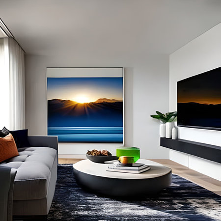 Interior of a modern living room with a panoramic viewの素材