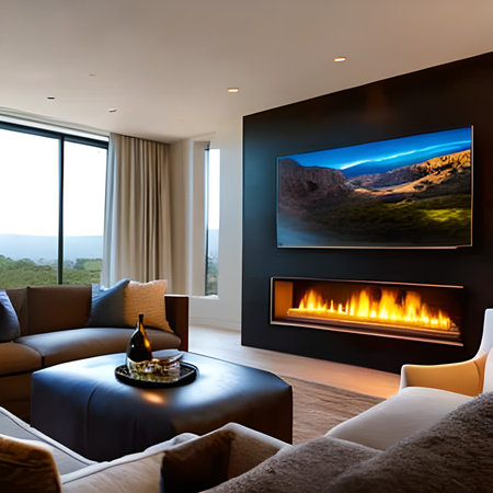 Interior of a living room with a view on the mountains and the fireplaceの素材