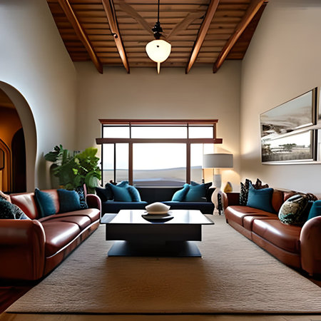 Interior of modern living room with brown sofa, coffee table and glass wallの素材