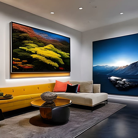 Interior of a modern living room with a view of the mountainsの素材