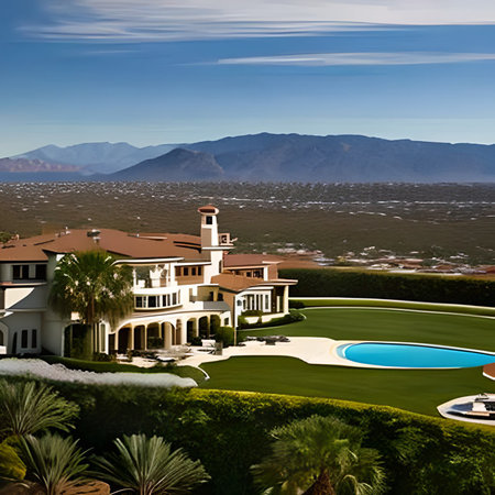 Luxury house in the desert with palm trees and blue skyの素材