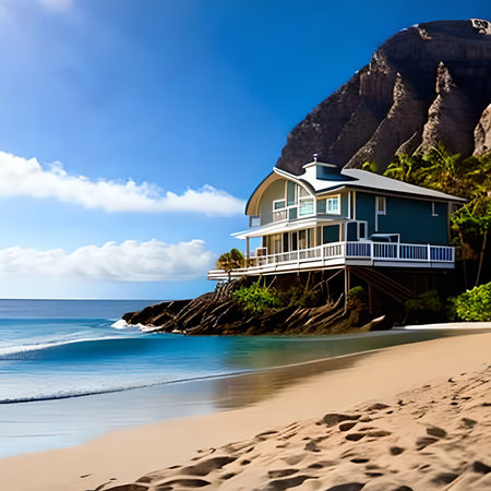 Tropical house on the beach in Seychelles.の素材