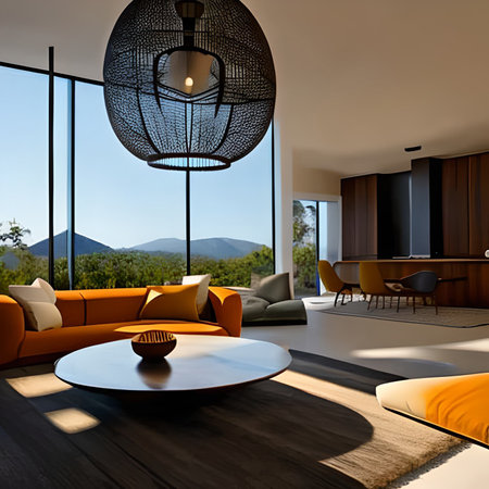 Interior of a modern house, living room with a panoramic window overlooking the countrysideの素材