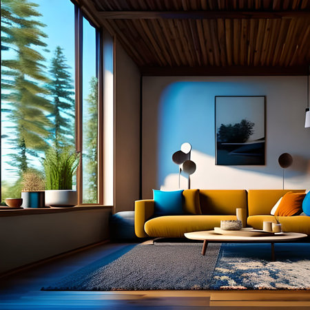 Interior of modern living room with blue walls, wooden floor and yellow sofa. 3d renderingの素材