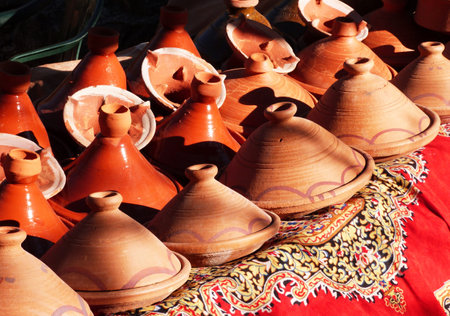 Traditional Turkish clay pots for sale at the market in Istanbul, Turkeyの写真素材